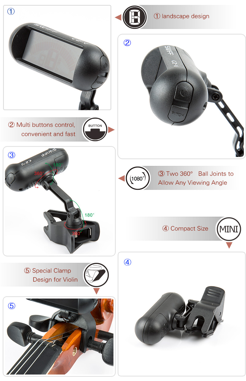 C2-V Tuner clip special for violin Two 360°...-Clip-on Tuner-SWIFF  technology co., LTD.